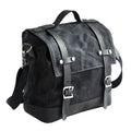 Black waterproof canvas motorcycle side bag with cowhide accents showing 300×280×150mm dimensions