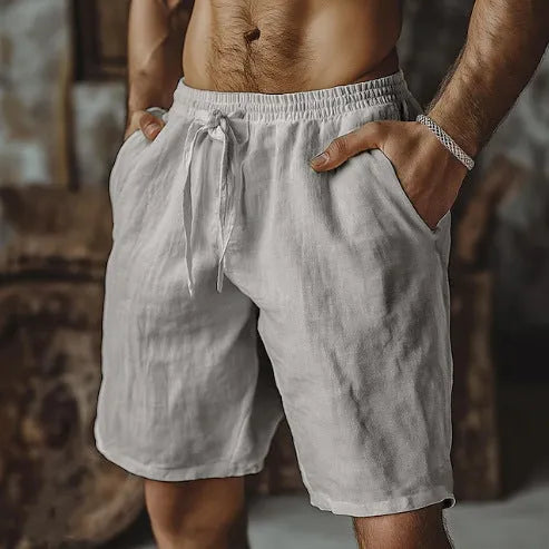 Men's cotton and linen blend casual shorts in straight-leg British style showing colour options