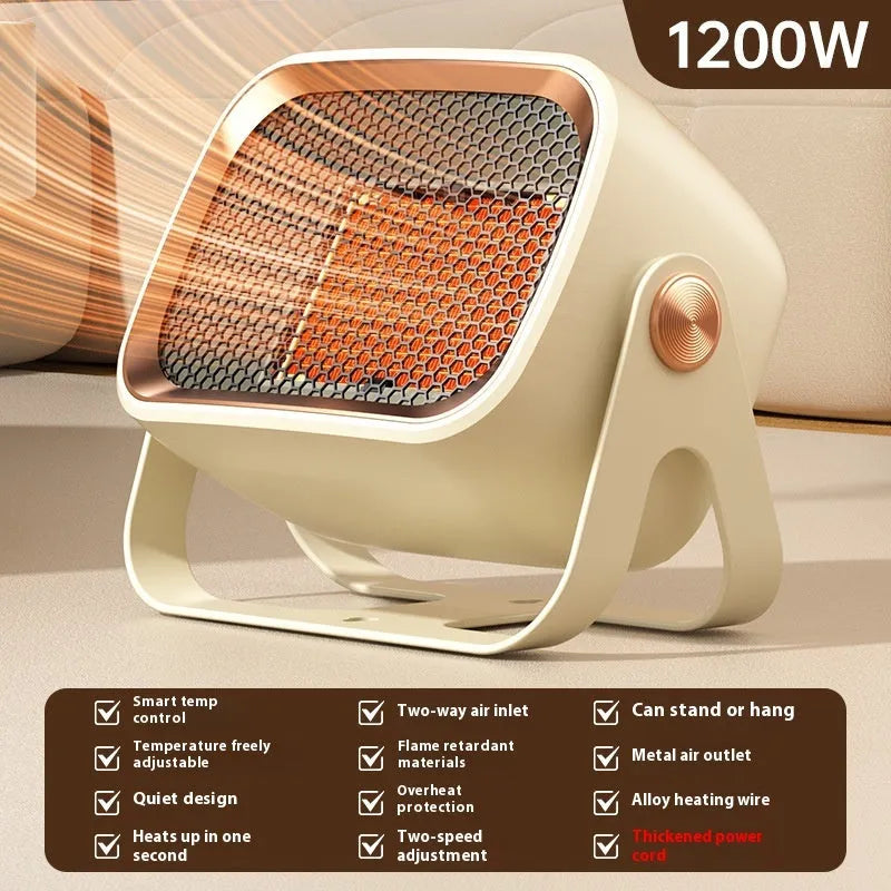 Compact grey PTC ceramic desktop heater with rotatable body on a wooden desk