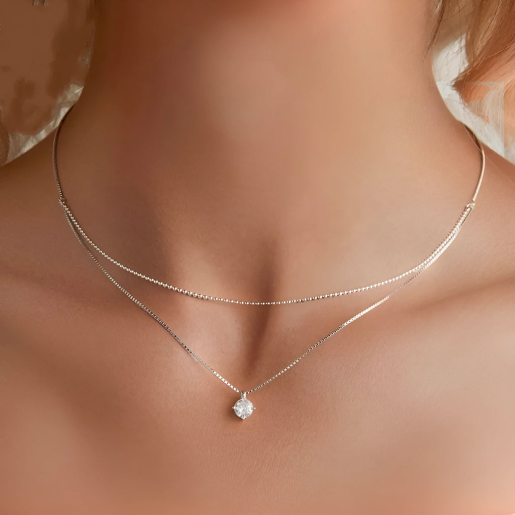 Double-layer sterling silver necklace with S925 pendant on pearl chain in silver colour