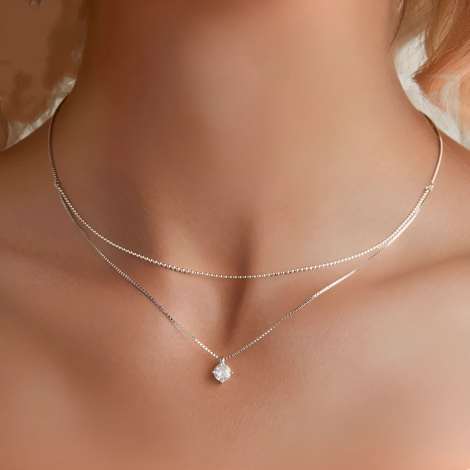 Double-layer sterling silver necklace with S925 pendant on pearl chain in silver colour