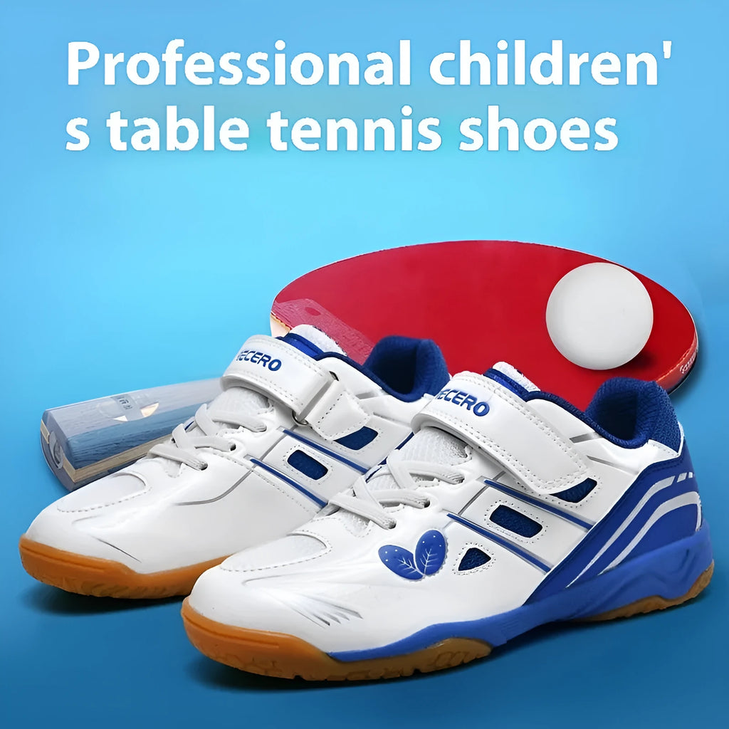 White and blue low-top casual badminton shoes with ribbed sole on a court surface.