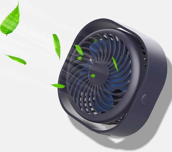 USB desk fan with alarm clock display in blue, showing 360-degree rotation capability.