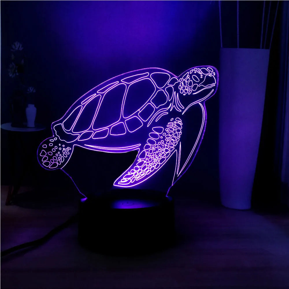 3D acrylic turtle-shaped LED night light showing multiple colour options and detailed sculpting