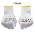White PU coated work gloves showing flexible palm and 24 cm length, pack of 10 pairs.