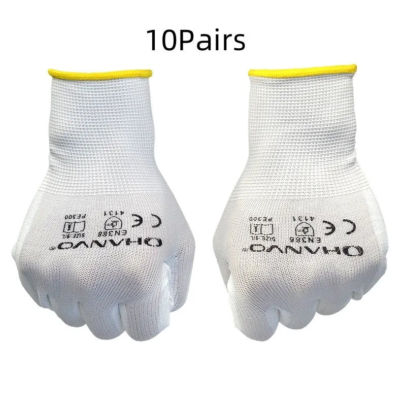 White PU coated work gloves showing flexible palm and 24 cm length, pack of 10 pairs.