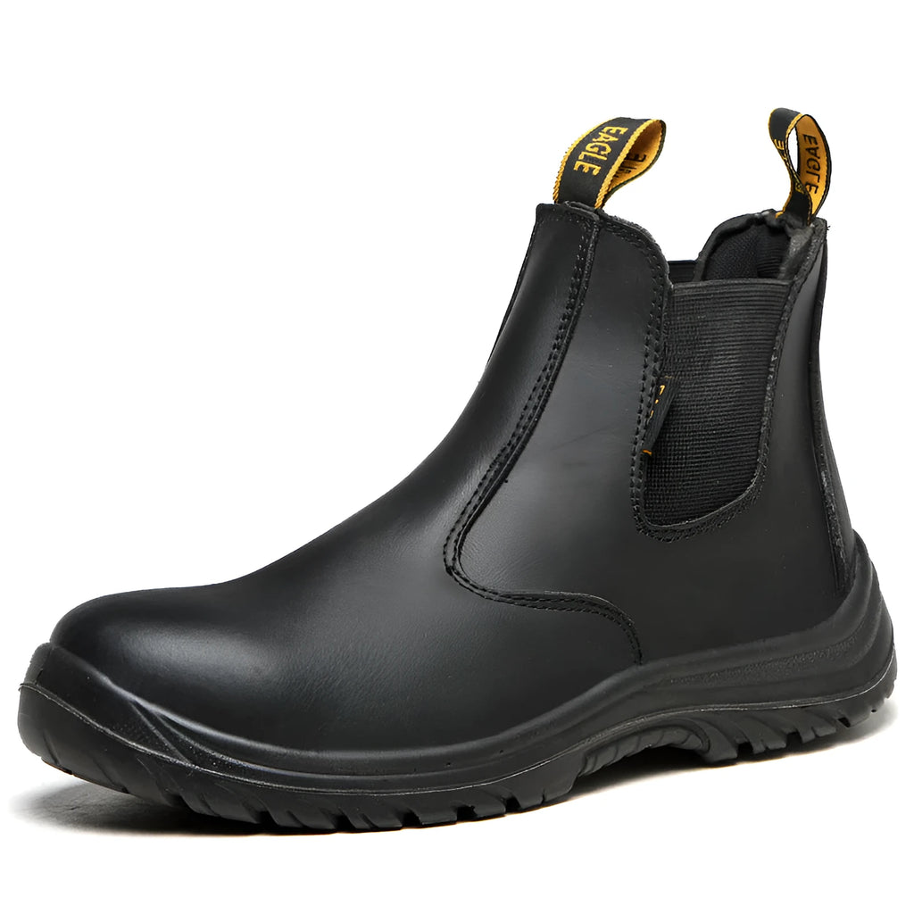 Black leather safety boots with steel toe cap and high-top design for industrial work