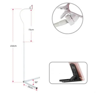 Mobile phone bed bracket with overhead support shelf in black mounted beside bed with phone secured in universal folder