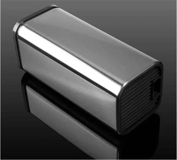 Stainless steel kitchen knife holder with storage bucket and detachable draining base in black and white.