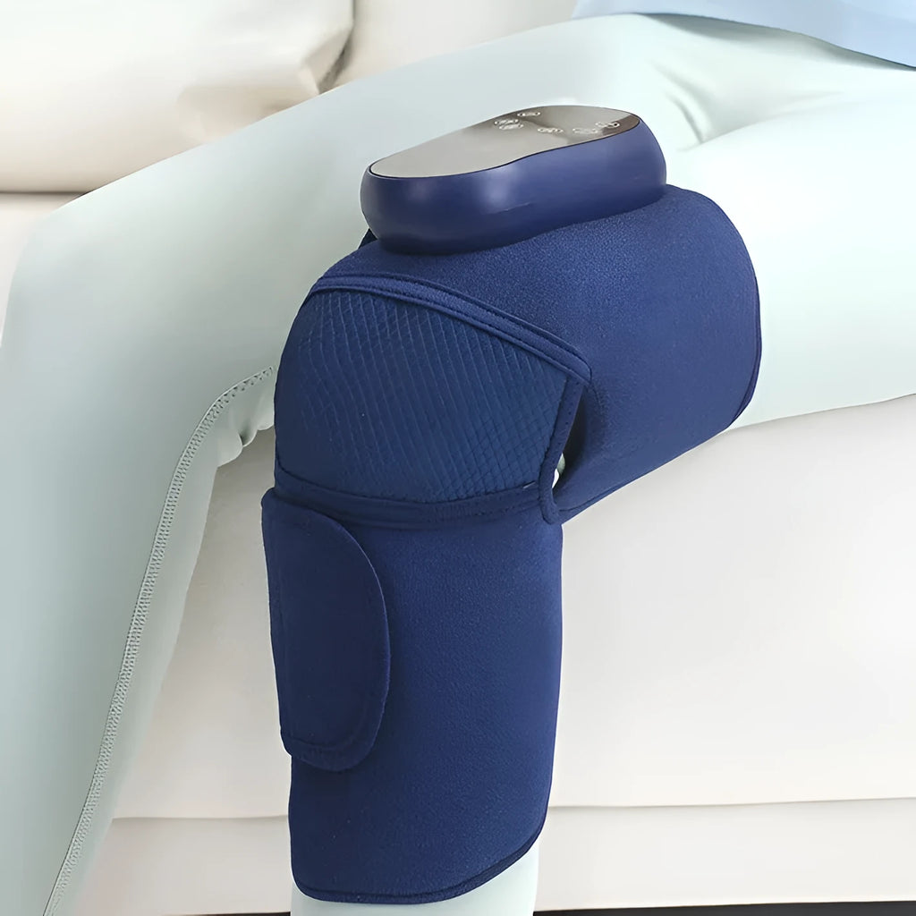 Airbag Blue self-heating knee massager showing vibration, heating and compression functions