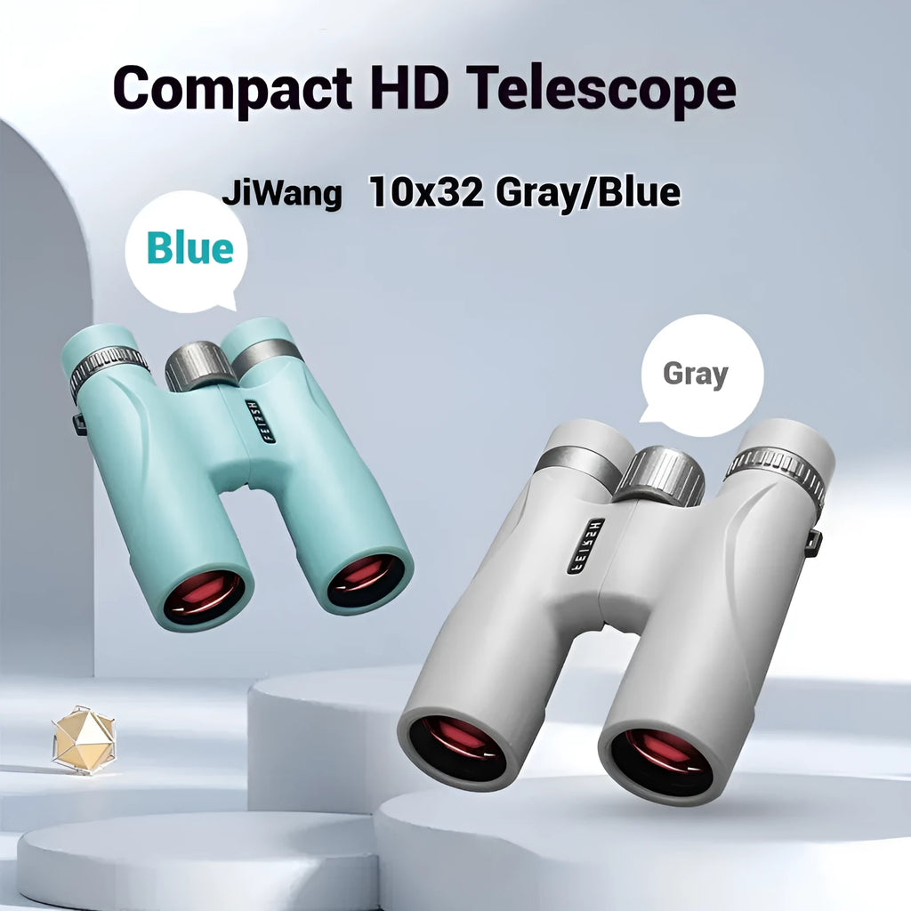 Compact blue or grey 10x32 binoculars with wine red film lenses on a plain background.