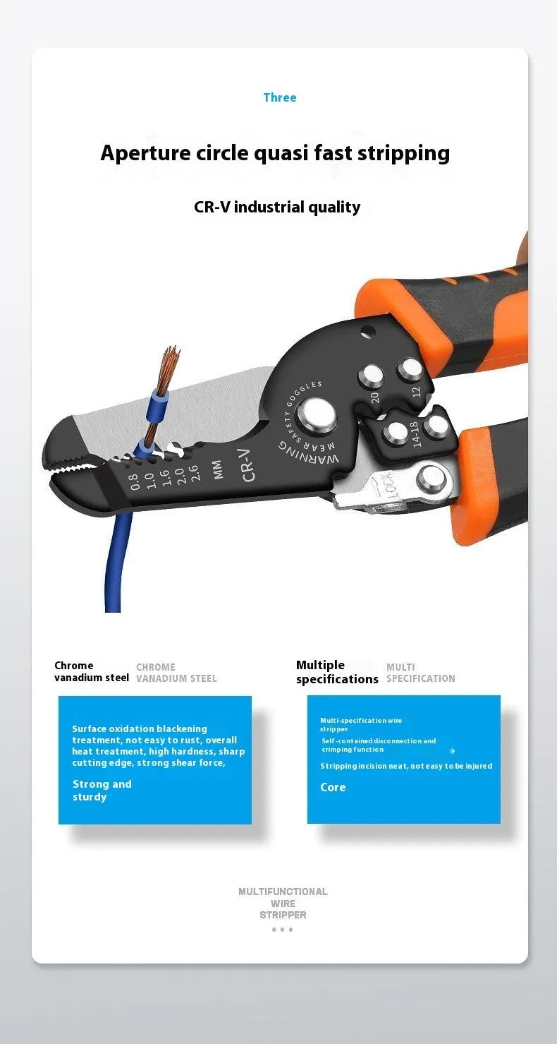 Fully automatic wire stripping pliers with high carbon steel blades for electricians