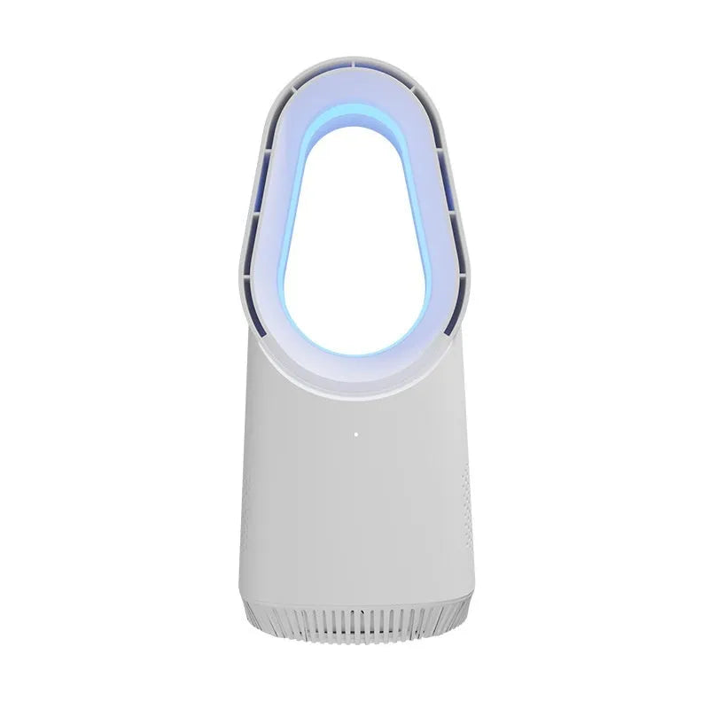 White bladeless tower fan with remote control on floor next to desk