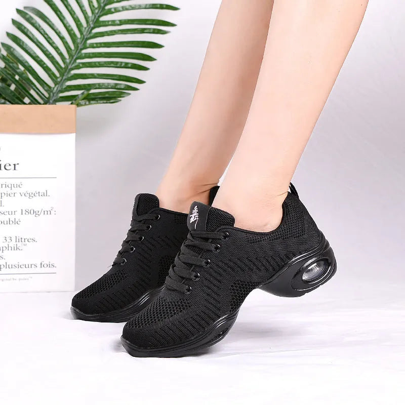 Women's breathable fly woven mesh dance shoes with soft PU sole in multiple colour variations