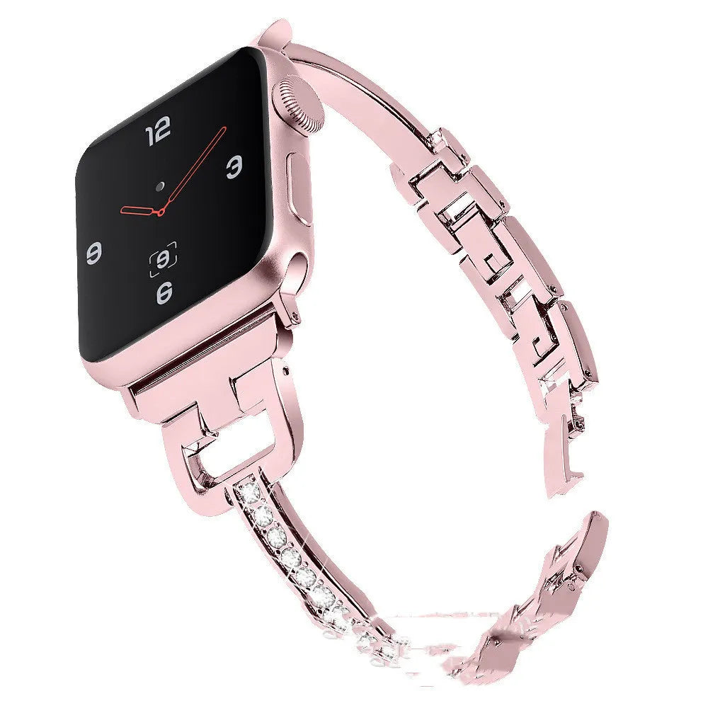 Apple Watch compatible smart watch with D-shaped metal diamond strap in multiple colour options