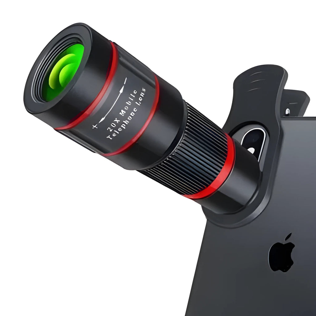 20x magnification mobile phone telescope with universal clip attachment on a smartphone