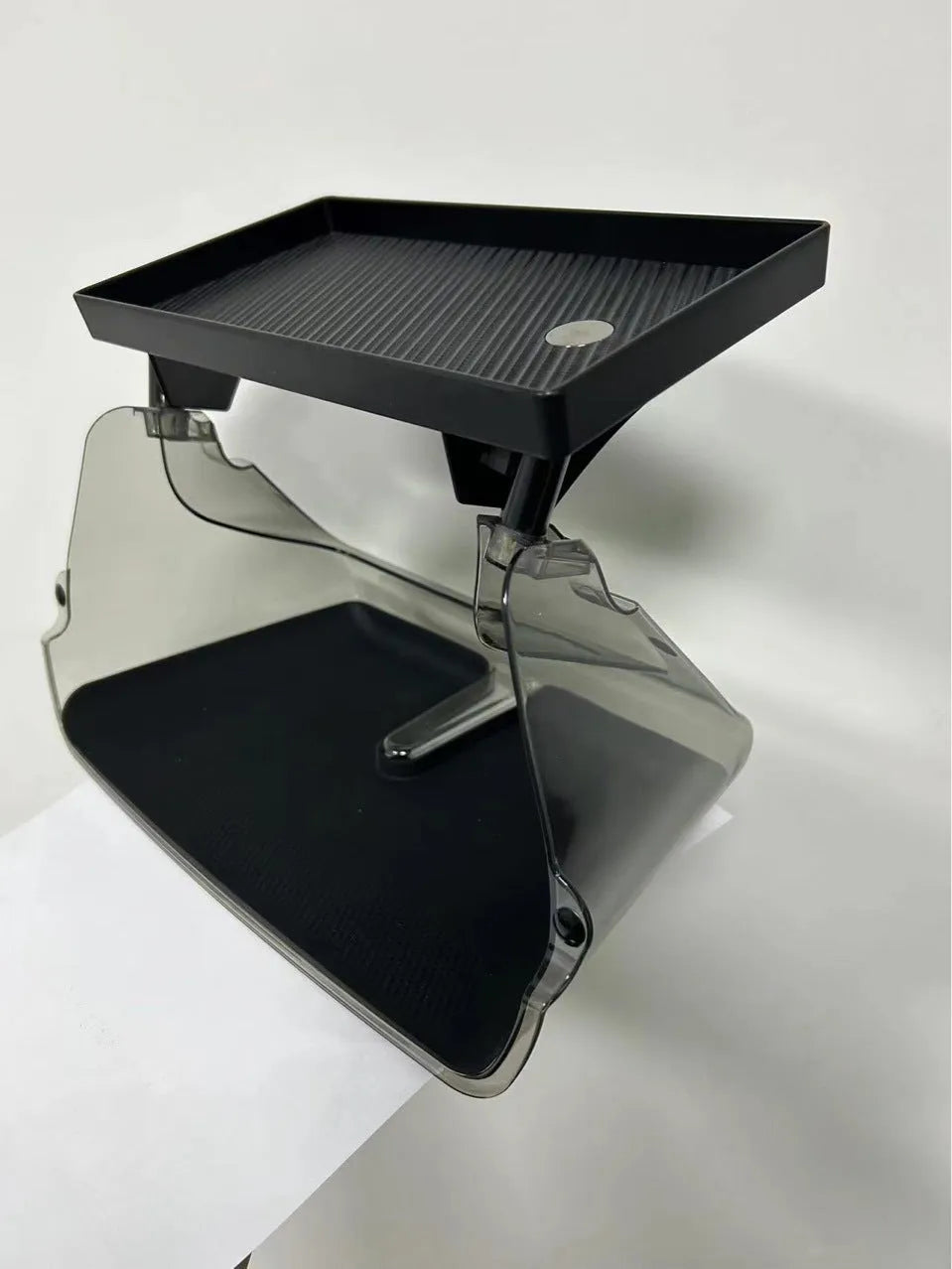 Black ABS plastic Tesla Model 3 Y centre console organiser box for ETC cards, shown with matching napkin box.