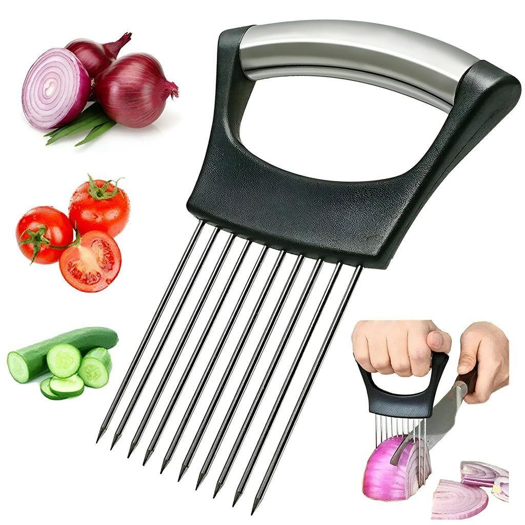 Stainless steel and ABS plastic food slice assistant for holding onions and tomatoes during cutting