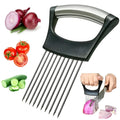 Stainless steel and ABS plastic food slice assistant for holding onions and tomatoes during cutting