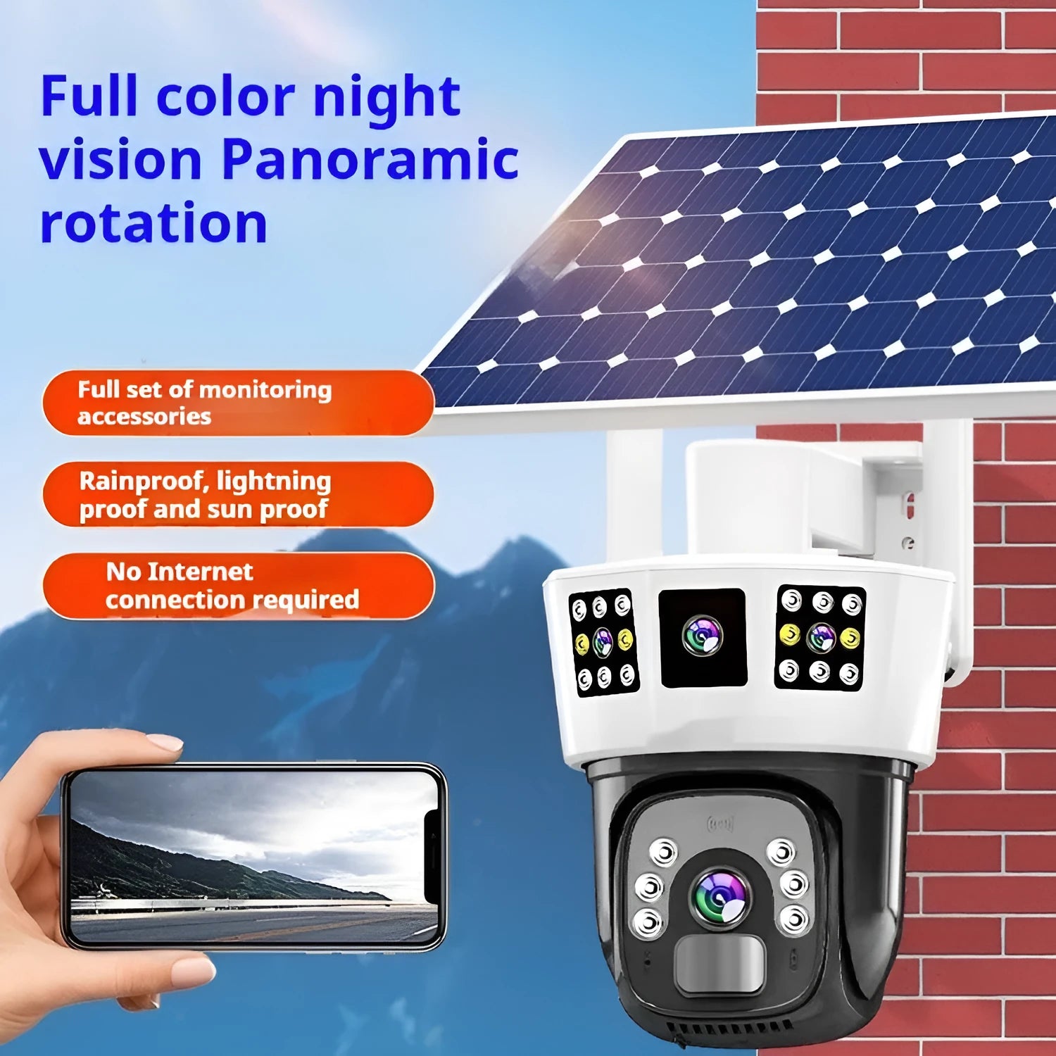 Solar-powered binocular outdoor surveillance camera with dual lenses and solar panel