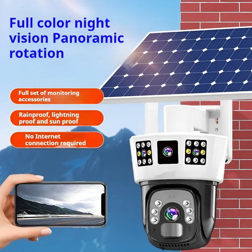 Solar-powered binocular outdoor surveillance camera with dual lenses and solar panel
