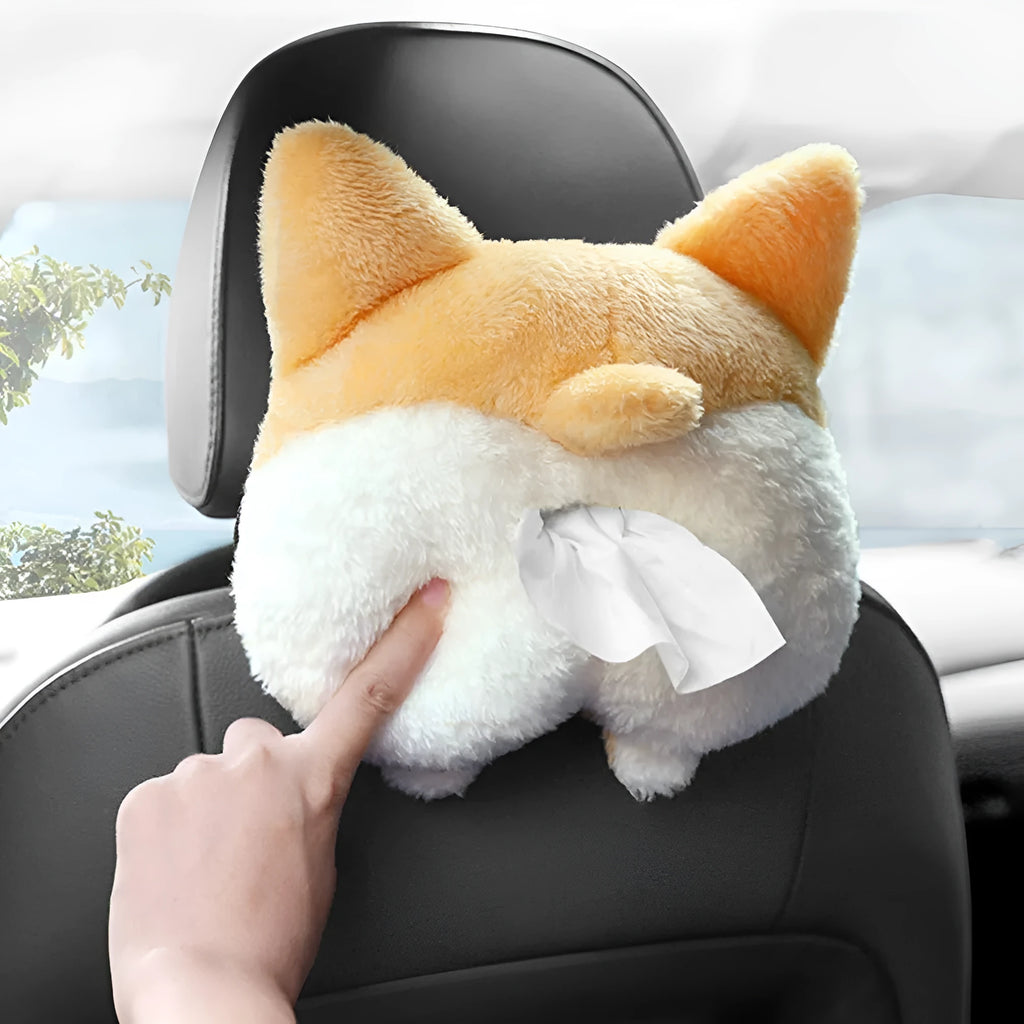 Yellow soft plush corgi butt shaped tissue box cover with elastic straps for car visor.