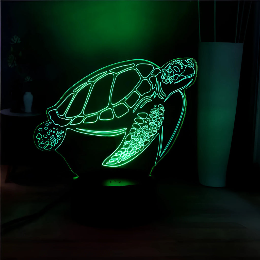 3D acrylic turtle-shaped LED night light showing multiple colour options and detailed sculpting