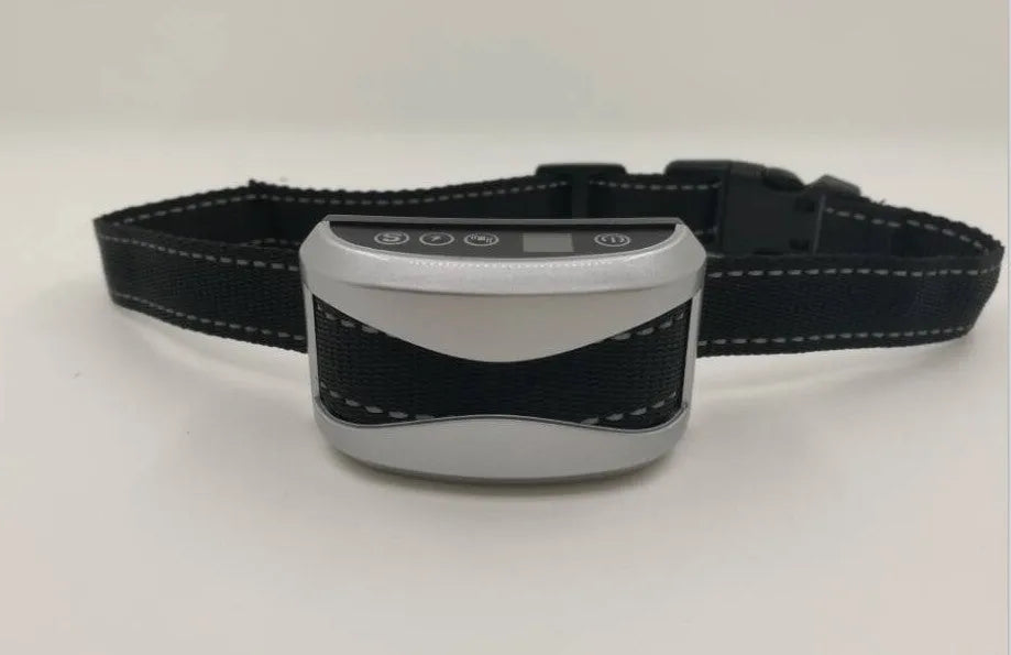 Electronic dog training bark collar with digital display on a black adjustable reflective strap.