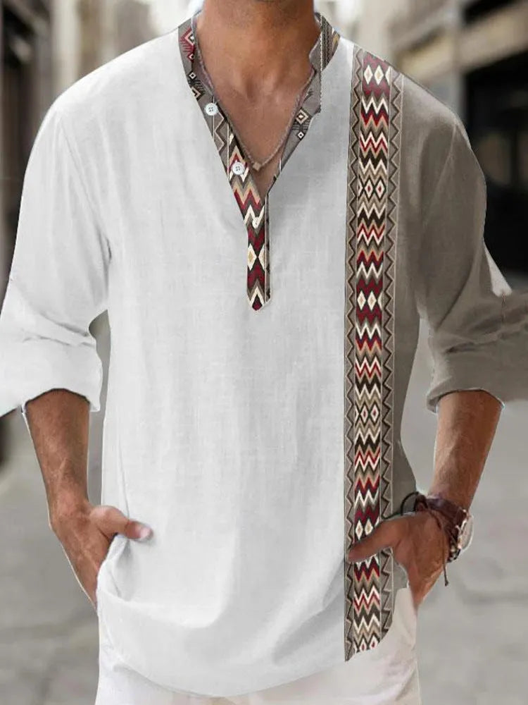 Man wearing casual long sleeve Hawaiian shirt with digital stripe pattern in bamboo linen blend