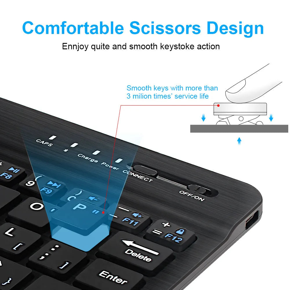 Mini Bluetooth wireless keyboard in black or white for tablets with 44-hour battery life