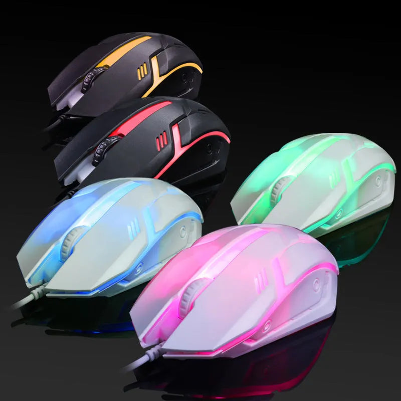Black and white luminous wired optical computer mouse with USB cable