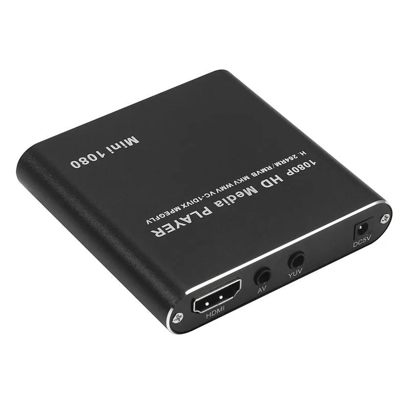 Compact black or blue 1080P Full HD media player with HDMI, SD, and USB ports