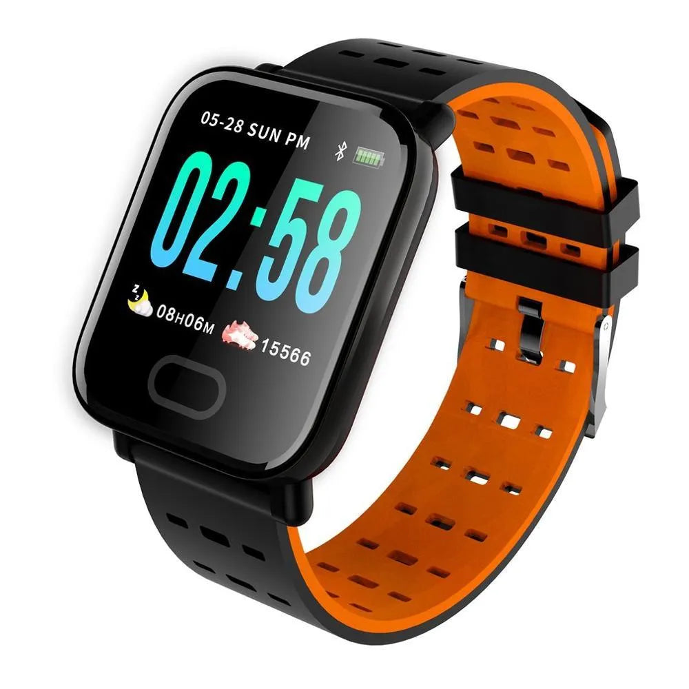 A6 smart fitness bracelet with colour screen shown on a wrist, available with black, blue, or orange silicone strap.
