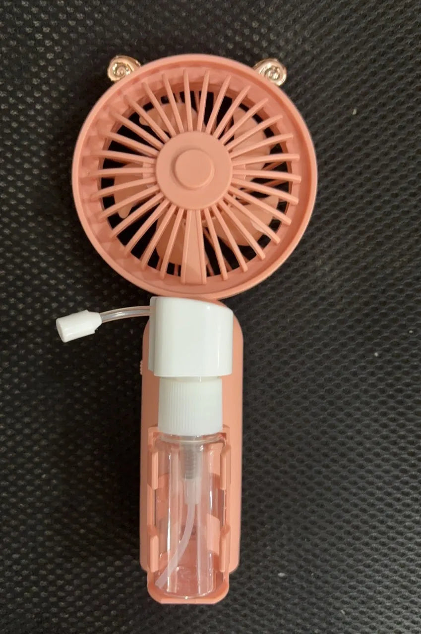 Personalised plastic USB rechargeable nozzle fan in apricot, blue, green, orange, or pink colour on a white background.