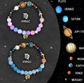 Two natural stone beaded bracelets with adjustable cord fastening, showcasing zodiac sign designs.