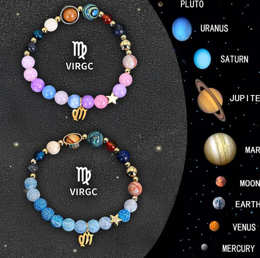 Two natural stone beaded bracelets with adjustable cord fastening, showcasing zodiac sign designs.