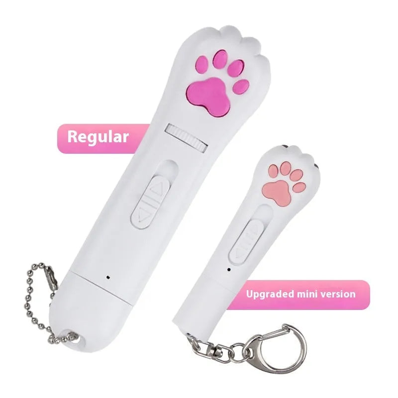 Infrared laser cat teasing stick with miniature paw prints in blue plastic with laser projection