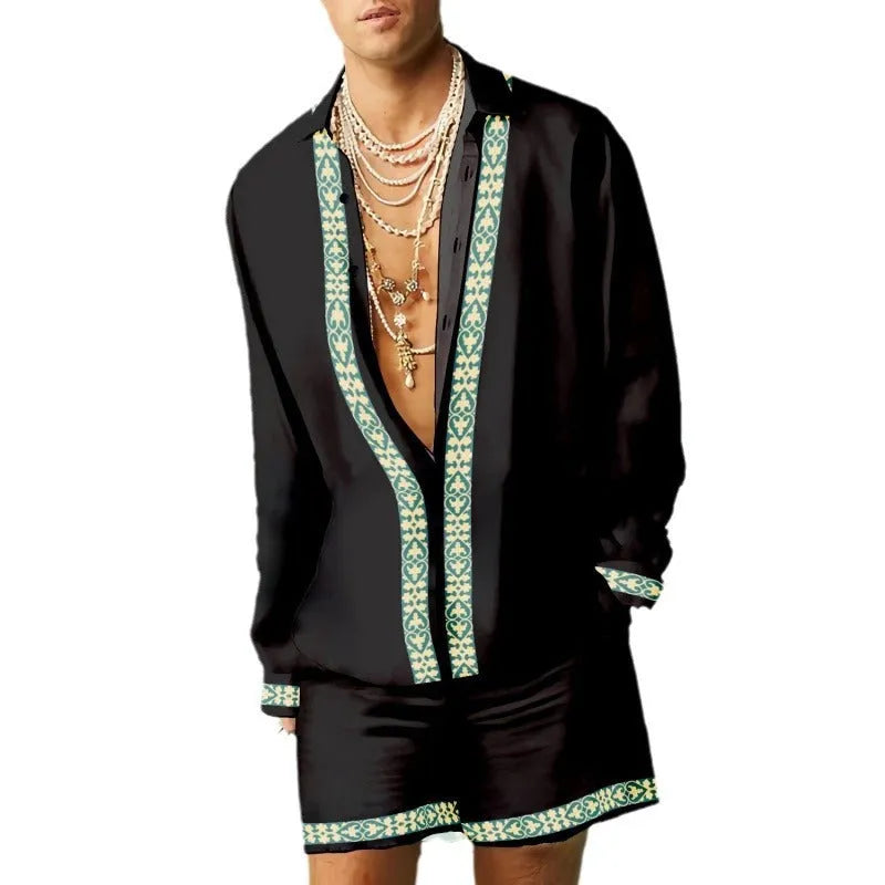 Men's casual summer shirt and shorts matching set in polyester fabric, slim fit, on a mannequin.