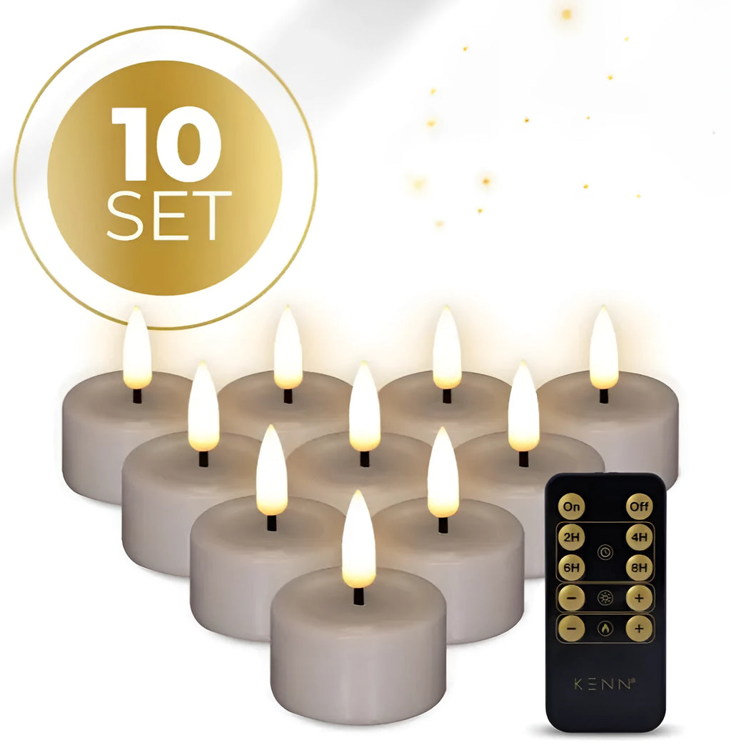 Taupe coloured S10 LED tealight candle with realistic 3D flame effect, shown next to a ruler indicating 4.1 cm width.