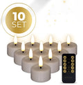 Taupe coloured S10 LED tealight candle with realistic 3D flame effect, shown next to a ruler indicating 4.1 cm width.