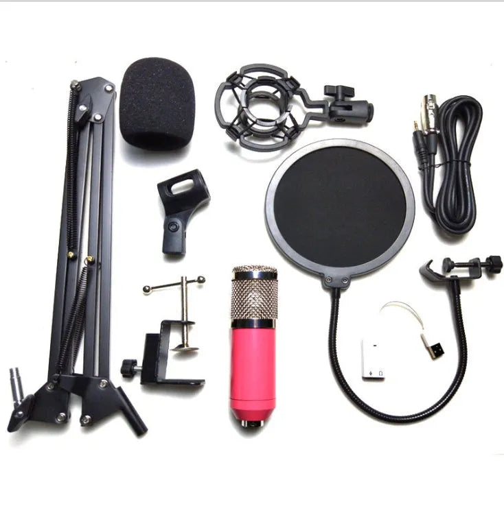 BM-800 condenser studio microphone with electroplated mesh head in choice of colours including black, silver, gold, and pink.