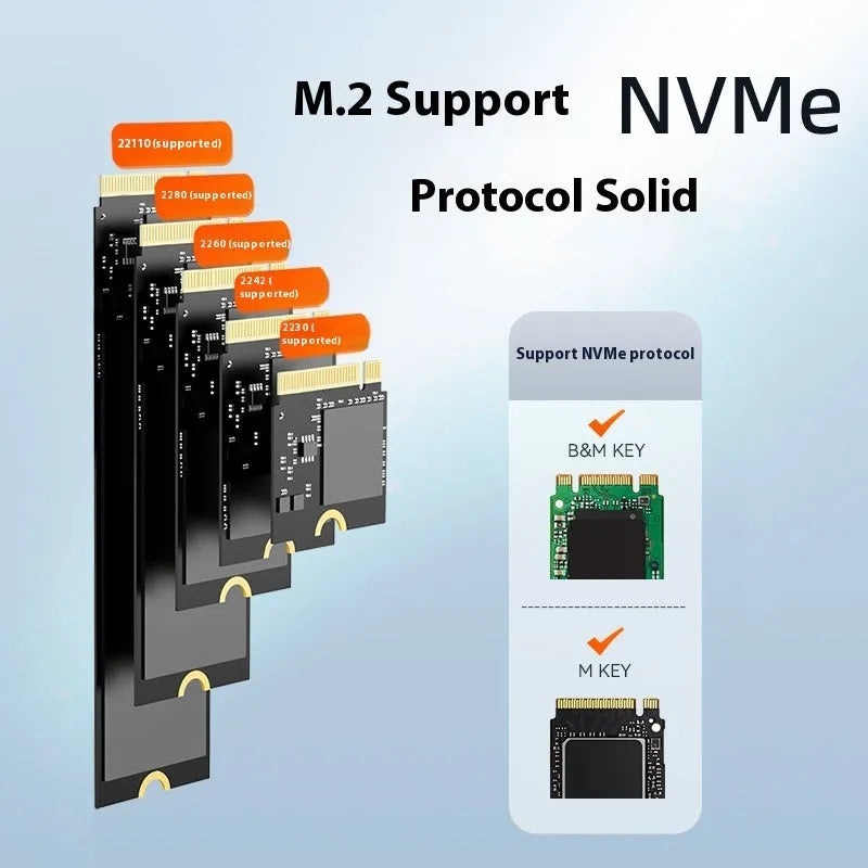 Black external solid state drive enclosure with Type-C cable for NVMe M.2 SSD conversion