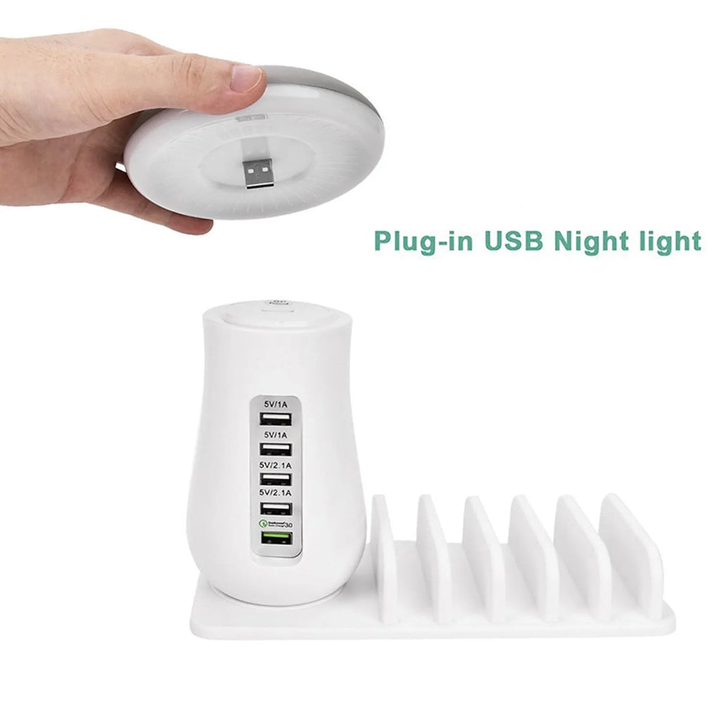 White mushroom LED desk lamp with 5-port USB charging dock station for phones and tablets