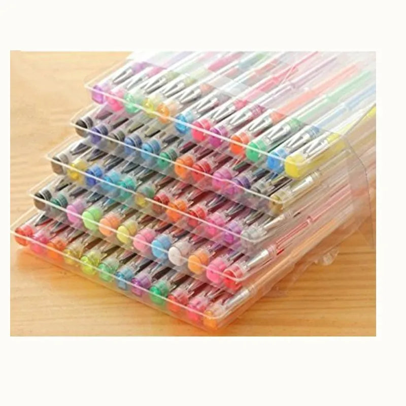 100 colour gel pen set with watercolour and highlighter options in plastic cases