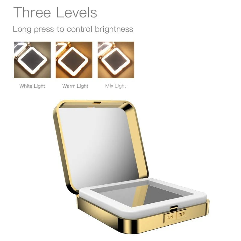 Black and white dual-sided makeup mirror with 4x magnification and HD sides, showing adjustable light settings.