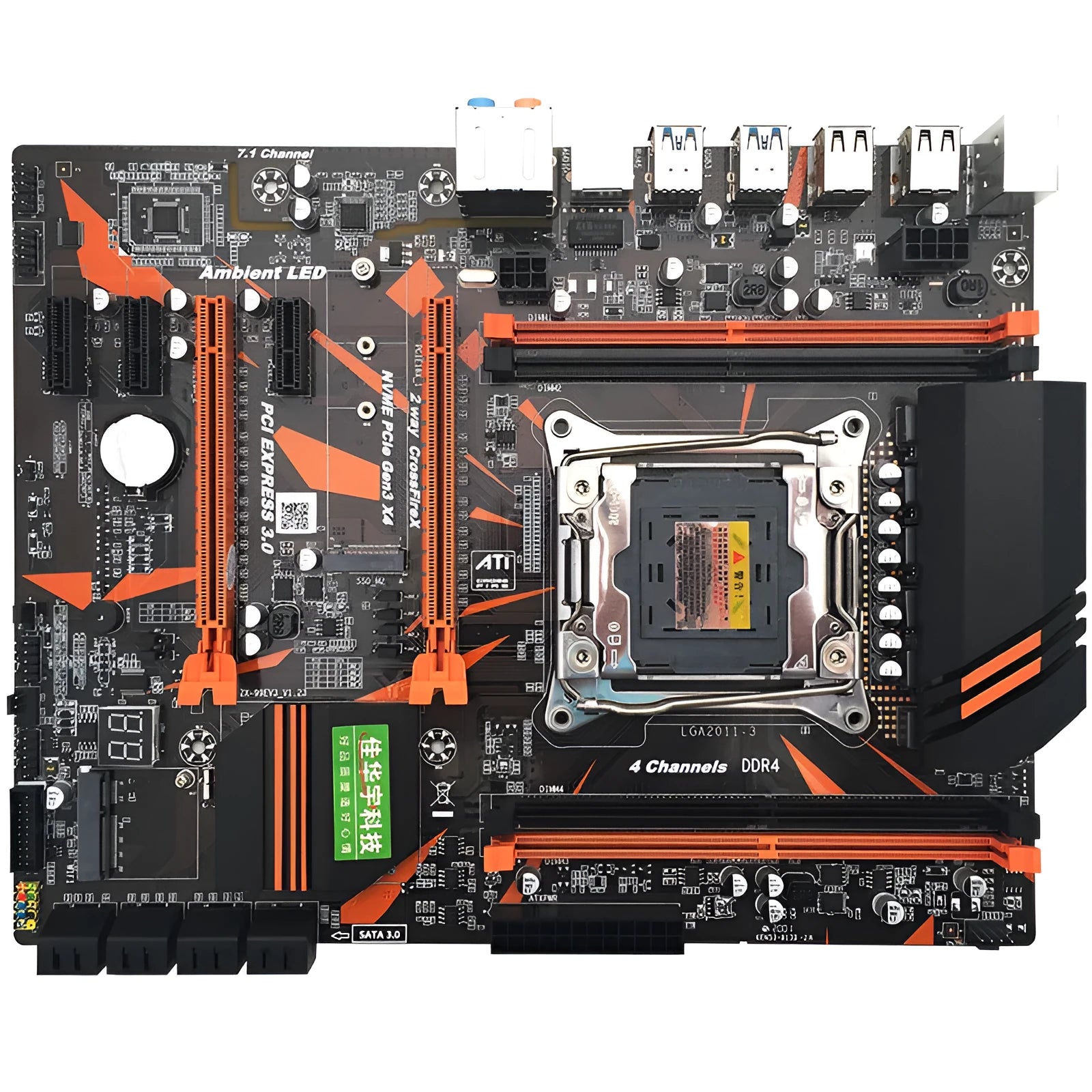 Black X99 ATX motherboard with LGA2011-3 socket, four DDR4 slots, PCIe slots, and heatsinks