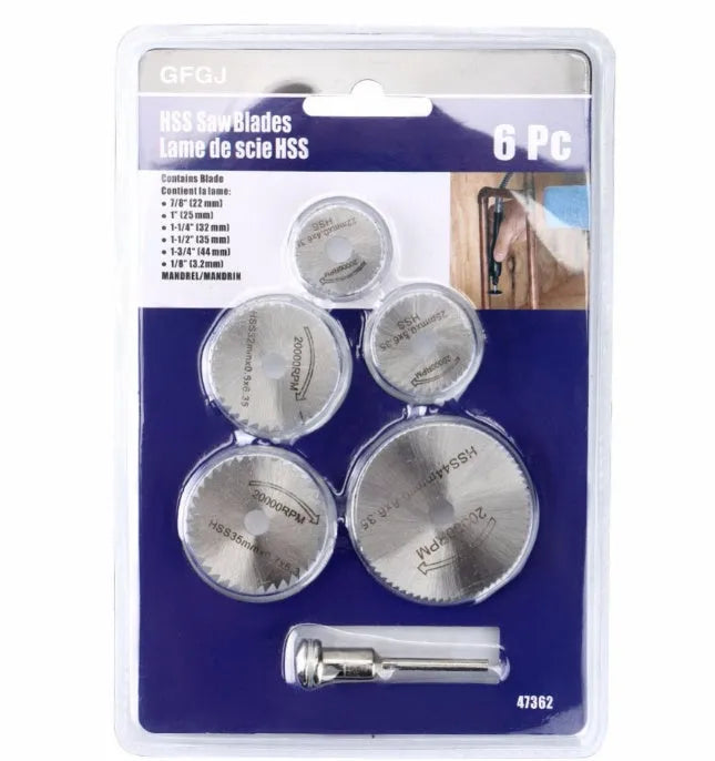 Set of six high-speed steel circular saw blades and a mandrel on a grey background.