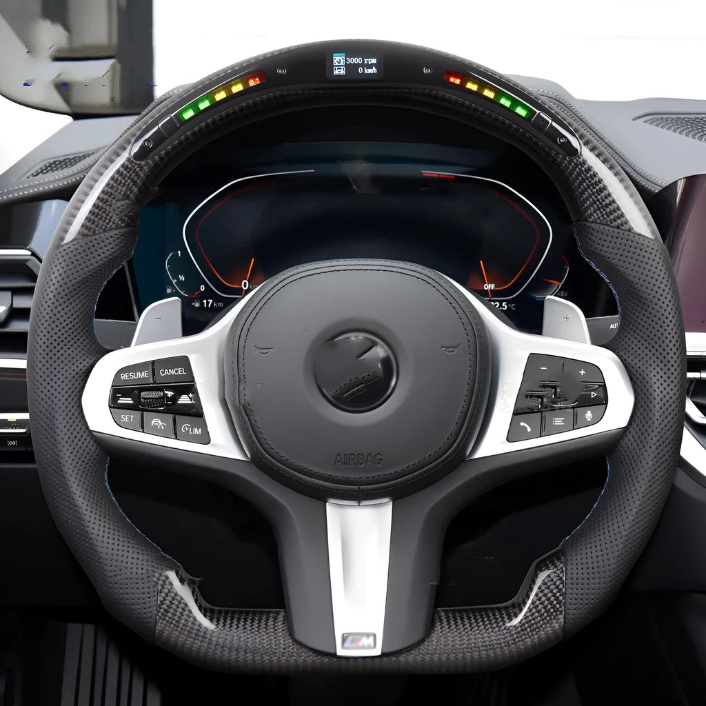 Black carbon fibre BMW steering wheel with LED lighting for X3 X5 models