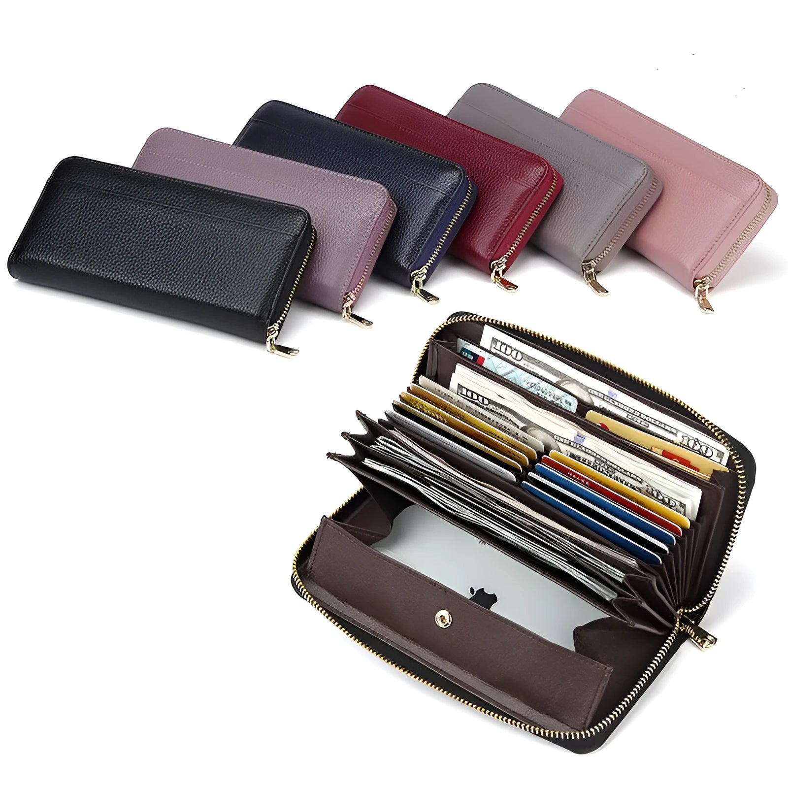 Genuine leather women's long wallet with RFID protection in six colour options