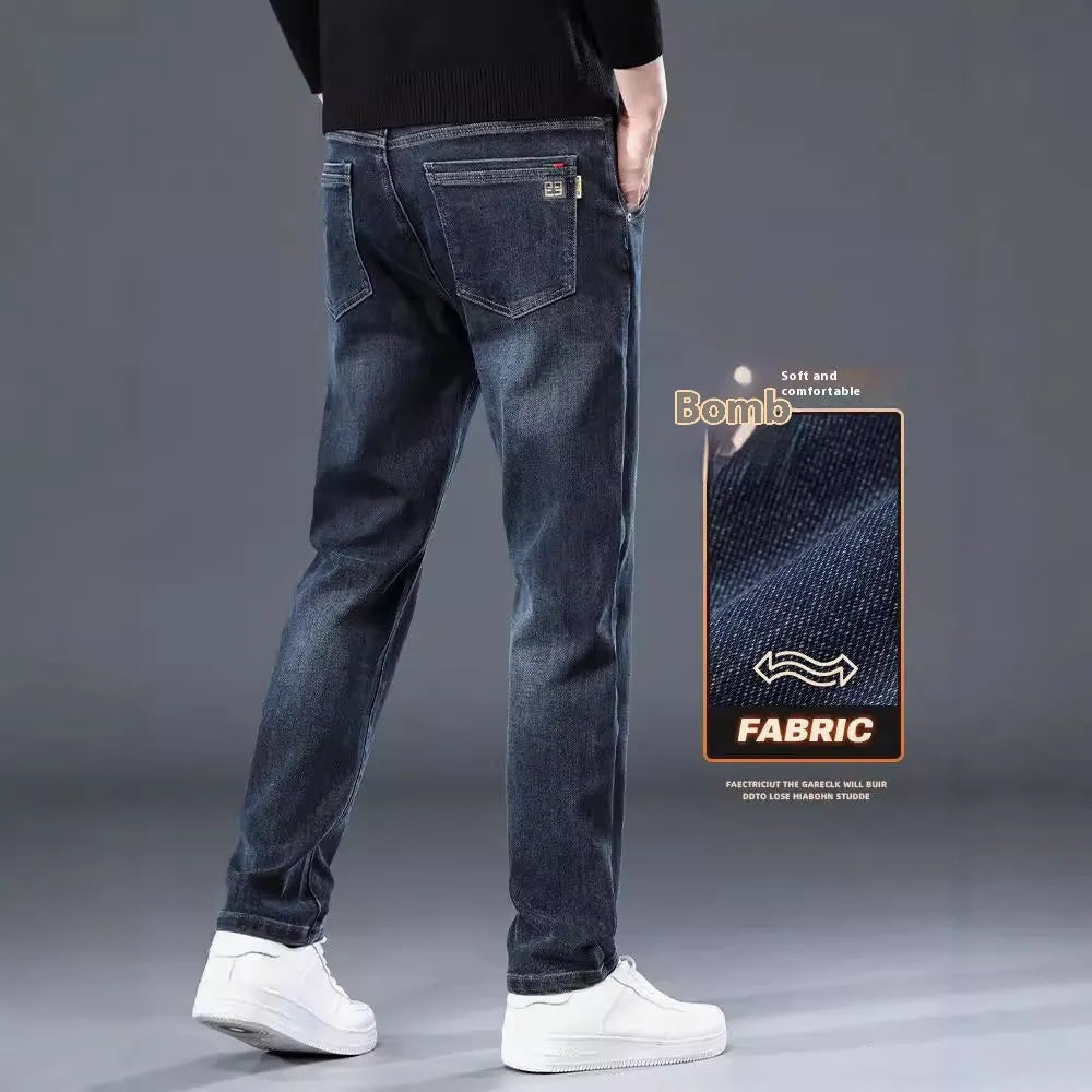 Men's slim straight casual trousers in blue grey or black with micro-elastic waistband and zip fly